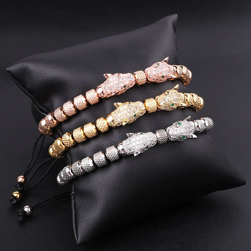 New Design Stainless Steel Beads CZ Pave Leopard Charm Friendship Macrame Adjustable Beads Bracelet For Men - Image 2