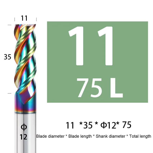 Colorful End Mill Aluminium HRC55 3F Milling Cutter Acrylic Wood Copper Plastic Cutting Tool CNC Maching Milling Tools Endmils 11X35XD12X75L