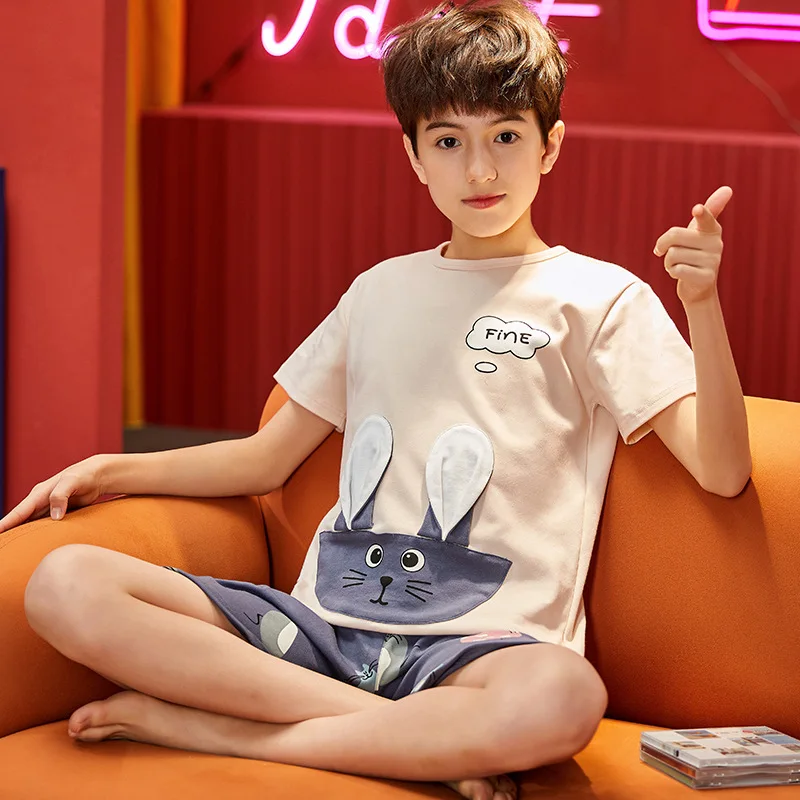 Summer Teenager Boy Pajamas Sets Anime Print Kids T Shirt Shorts Homewear Suits 2-12 Yrs Child Sleepwear Toddler Casual Clothes custom pajama sets	