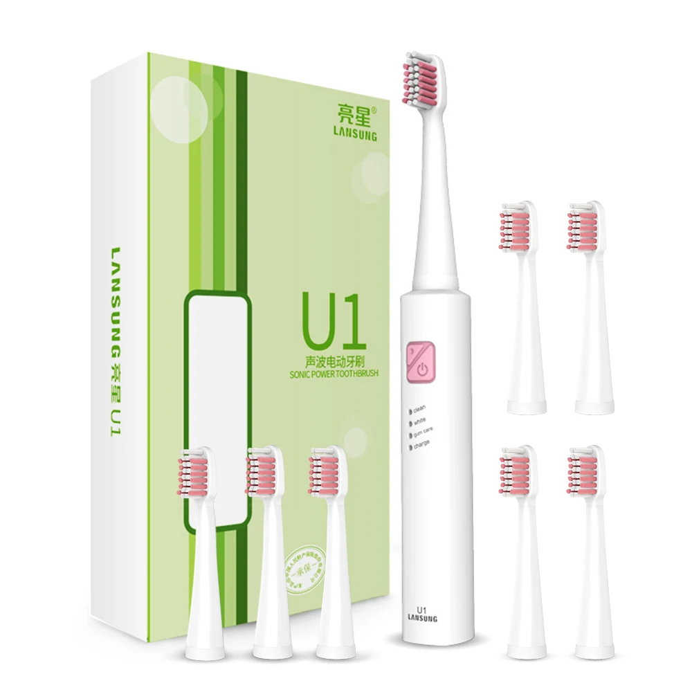 U1 White Pink 8 head Lansung sonic электрическая зубная щетка Ultra sonic USB перезаряжаемая зубная щетка для взрослых Smart 4 насадки для зубных щеток Сменное отбеливание - Цвет: U1 White Pink 8 head