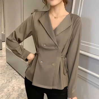 

Office Ladies Chiffon Blouse Women Korean Elegant Spring Long Sleeve Buttons High Waist Female Tops Double Breasted Plain Shirts