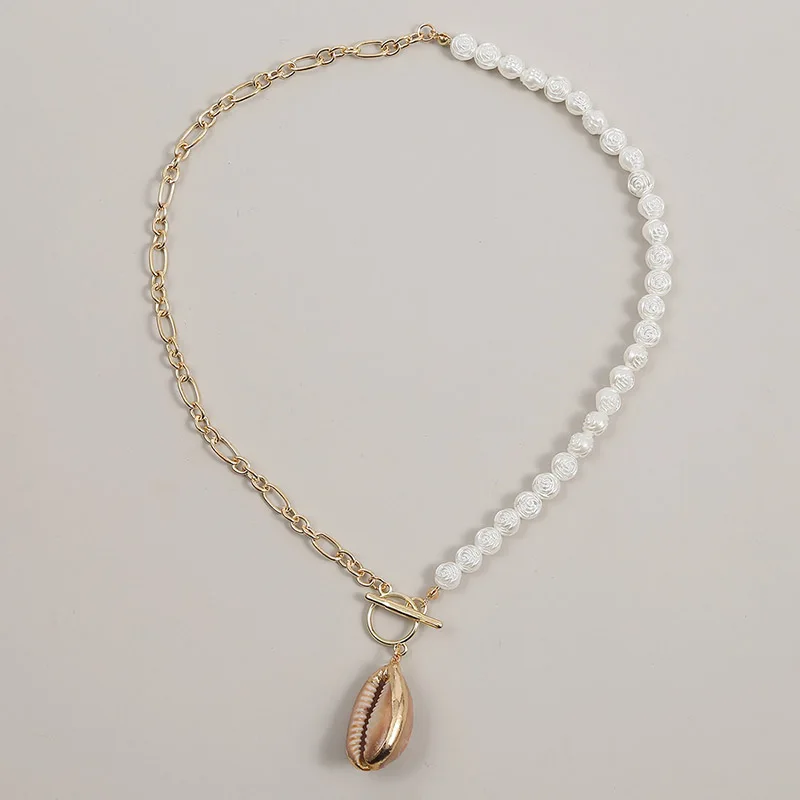 Trendy Natural Shell Big Pendant Metal Gold Chain Necklaces For Women Rose Flower Shape White Pearl Asymmetry Necklace Jewelry | Украшения