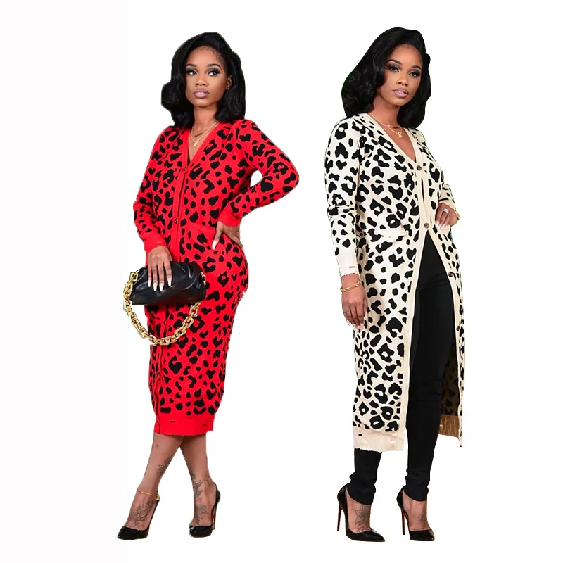 

Leopard Pattern Print Solid Color Open Stitch Buttons Long Sleeves Knitting Women Coat New Arrivals Hot Outfits