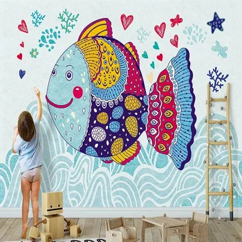 

Custom large mural 3D wallpaper Colorful fish in cartoon simple style baby bedroom mural TV back wall decor deep 5D embossed