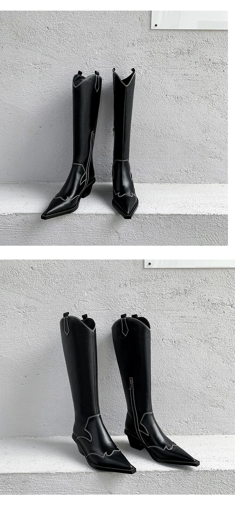 Genuine Leather boots women pointed toe chunky hight heel knight boots embroider retro style lady knee high boots black2019 new