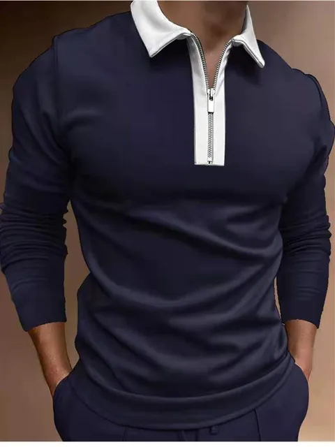 2021 Autumn Streetwear Men Fashion Long Sleeve Polo Shirts Casual Loose Turn-down Collar Zipper Tops Men Slim Polo Shirts CXPLS-8Navy