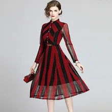 HAMALIEL размера плюс, модное женское кружевное платье, элегантное весеннее красное черное Полосатое платье миди с поясом, однобортное платье