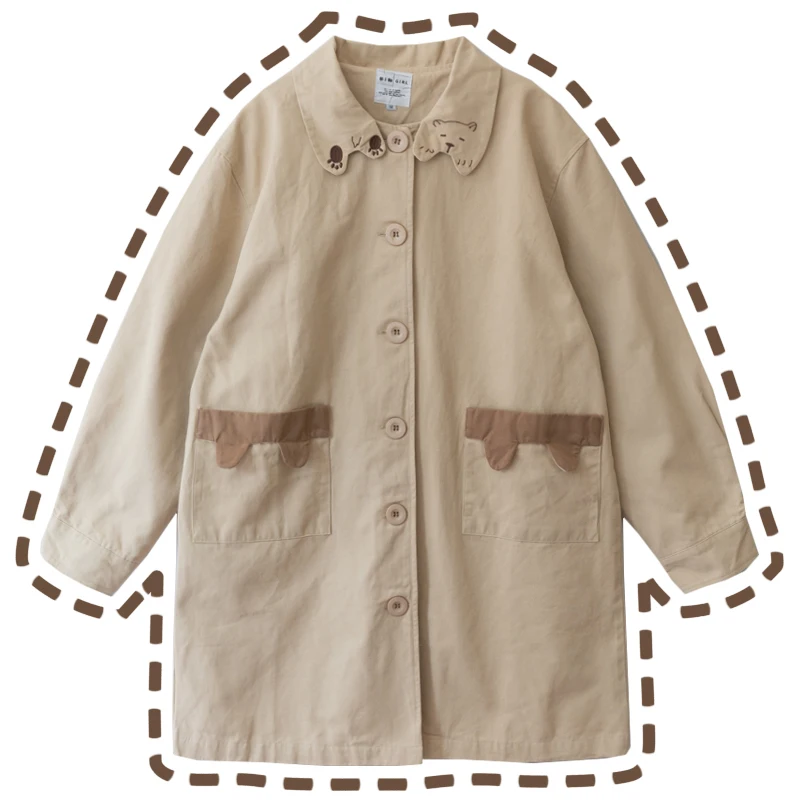 

2019 Autumn Lazy Bear Embroidery Collar Women's Long Trench Long Sleeve Botton Down Cute Pockets Khaki Cotton Coat Outwear
