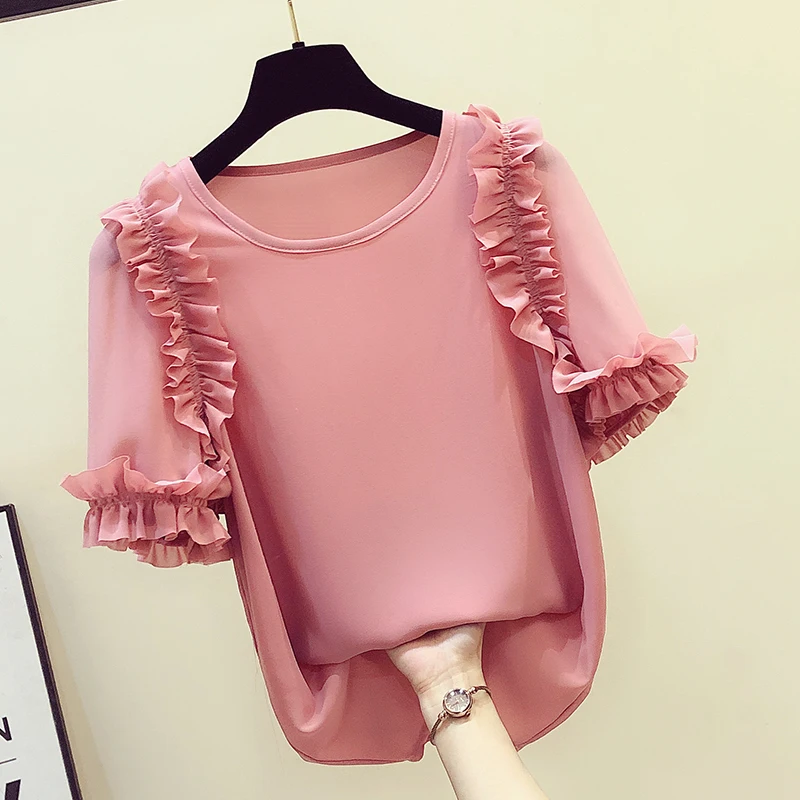 

Ruffles Stitching Round Neck Solid Color Shirt Chiffon Shirt Female Korean Style All-match Solid Color Blouse Blusa Mujer