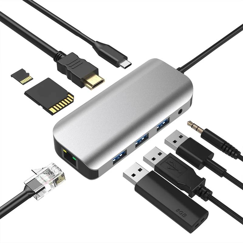 9 в 1 Usb C концентратор док-станция Usb3.0 TF кард-ридер Тип C док-станция usb-хаб для ноутбуков huawei Usb расширитель HDMI VGA RJ45