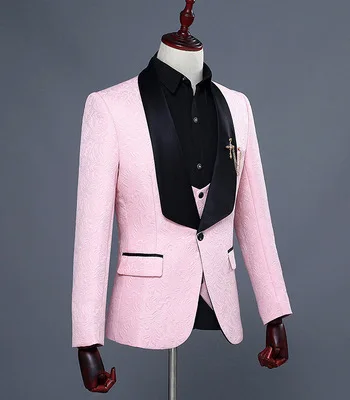 jacket pants pink Мужской модный большой платок с отворотом, комплект из 3 предметов, розовый, красный, синий, белый, черный, Свадебный костюм жениха, качественный жаккардовый Банкетный смокинг - Цвет: jacket pants pink