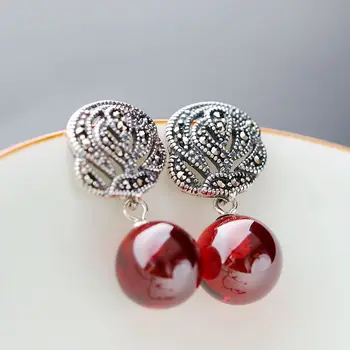 

2.4CM*1.1CM FLOWERS real PURE 925 STERLING SILVER WOMEN JEWELRY RED MOSAIC VINTAGE GARNET EARRINGS CZ BOHEMIAN RETRO