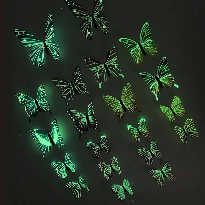 12/24 Luminous 3D Butterfly Wall Sticker Kids Bedroom Home Living Room Fridge Wall Decal Glow in Dark Wallpaper Decoration Luminous Wall Stickers 3D Wall Stickers