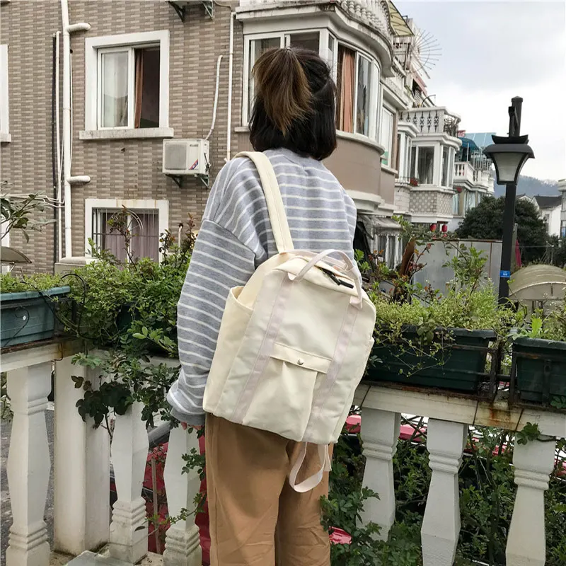 

2019 Japanese Style Solid Color Canvas Backpack Women Fashion Cute Multi-functional School Bag Female Travel Notebook Hand Bag