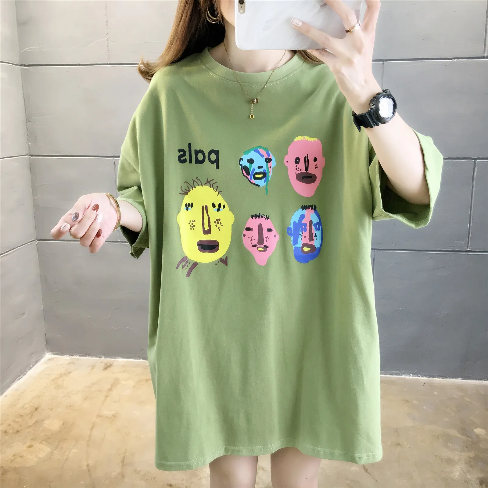 

Han edition cotton loose make good quality printing long T-shirt with short sleeves with her red with big yards