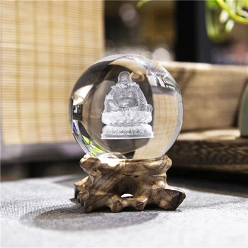 

H&D Crystal Ball Buddha Statue Shaped Paperweight Ornament Sphere Home Decor With Wooden Base(Clear)