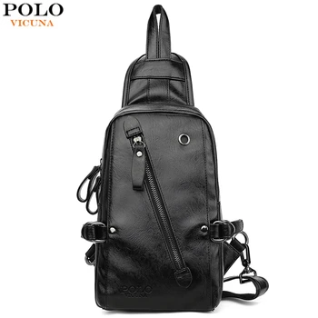 

VICUNA POLO Fashion Black PU Leather Sling Bag For Men Solid Patchwork Leisure Men Messenger Bag Shoulder Bags