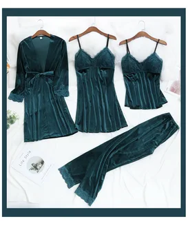 

Women Autumn New 4PCS Pajamas Suit Lace Trim Velour Home Wear With Belt Sexy V-neck Strap Top&Pant Deep Green Lounge Sleepwear