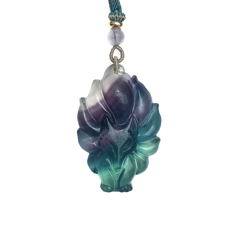 

Natural Fluorite Fox Pendant Fairy Marriage Friendship Man And Woman Necklace Nine-tailed Ornaments Jewelry