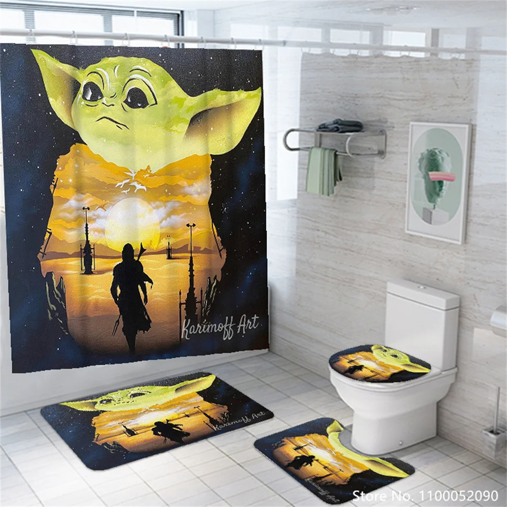 Yoda Baby Bathroom Rug 4PCS Shower Curtain Non-Slip Toilet Seat Mat Cover Gifts 