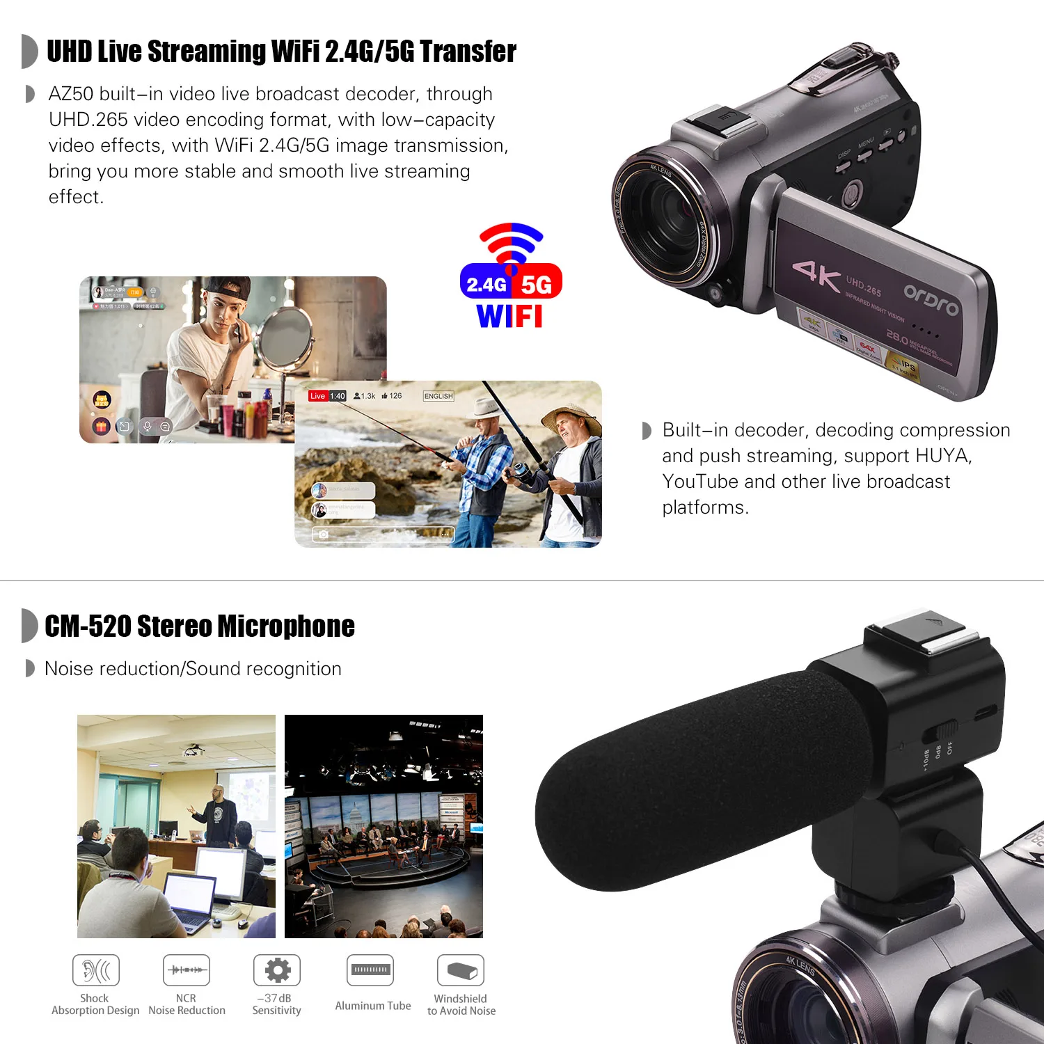 ORDRO Real 4K UHD 30FPS WiFi цифровая видеокамера 3,1 дюймов ips сенсорный экран 64X видеокамера внешний стерео микрофон