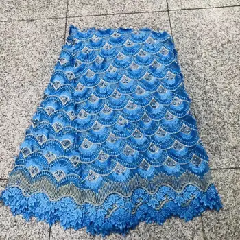 

BLUE Latest Design African Lace Fabric 2019 High Quality Nigerian French Guipure Cord Lace fabric With Beads Feather For Wedding