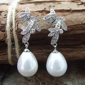 

1.5" White Teardrop Sea Shell Pearl CZ Pave Earrings