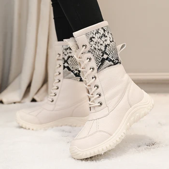

Women's Winter Fluff Lining Cozy Middle Calf Rubber Sole Lace-up Cow Leather Casual Shoes Lace BeigeWomen's Shoes Snow Boots