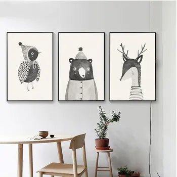 

Nordic Simple Animal Print Canvas Painting Cute Bird Elk Bear Wall Art Pictures Living Room Children's Room Decoration Painting