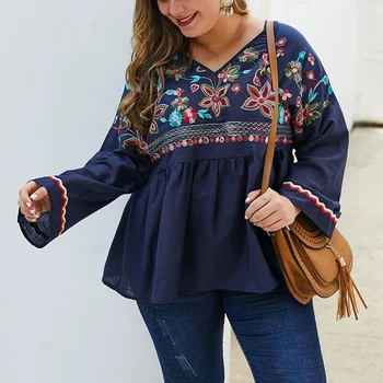 

Autumn large size women's cotton and linen T-shirt 5XL 6XL 7XL 8XL 9XL bust 148CM sexy V-neck vintage embroidery long sleeves