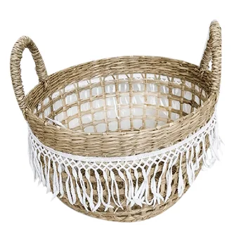 

Woven Seagrass Basket with Handle for Storage Plant Pot Basket , Picnic and Grocery Basket,Home Decoration Hollow Basket
