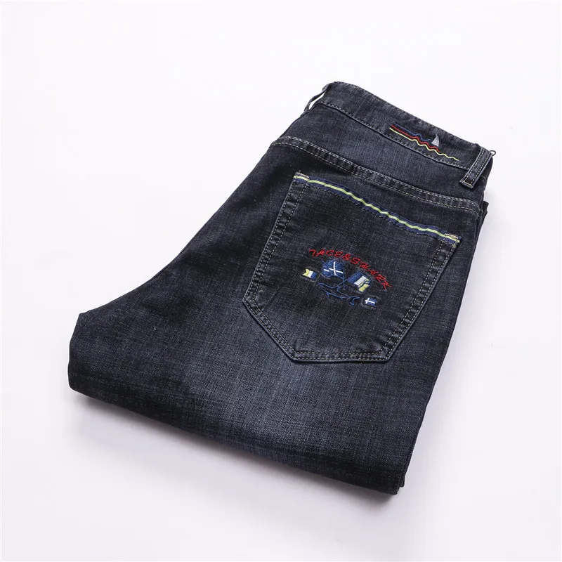8093 Business Casual Shark Denim Pants Straight Slim Jeans Fashion Mens Flag Embroidery Jeans Trousers Straight Full Length Casual - Цвет: 8093