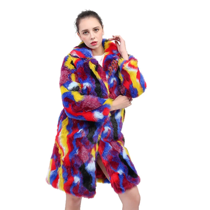 

Colorful Winter Faux Fur Long Coat Women Beautiful Warm Windcheater Rabbit Hair Long Coat Color Matching Fashion женское пало