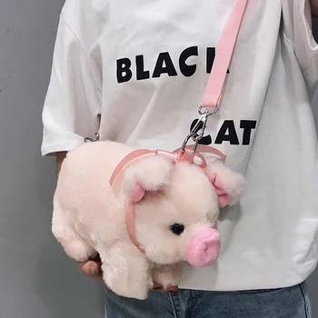 

Cute Fluffy Pink Pig Bag Children Cartoon Pig Sling Bag Fluffy Animal Crossbody Messenger Bag Female Lovely Plush Shoulder Bag