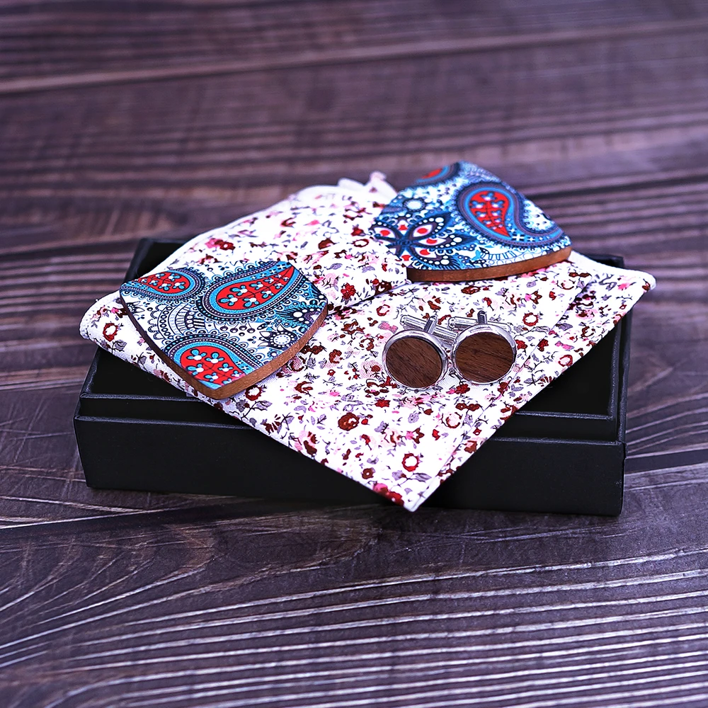  Paisley Wooden Bow Tie Handkerchief Set Men's Plaid Bowtie Wood Print tie Floral design And Box Fas