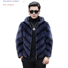 Мужская норковая шуба с капюшоном, натуральный мех, мужская зимняя куртка, натуральный мех норки, шубы, Роскошные куртки, мужские AW1125-1, KJ1403