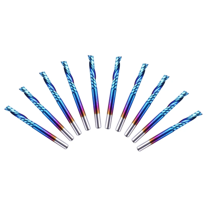 10Pcs Nano Blue Coat Flat Nose End Mill CNC Router Bits, 1/8 Inch Shank Spiral Upcut Single 1 Flute End Mill Set(3.175 X 17 X 38