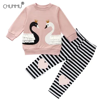 

Spring Autumn Baby Girls Clothes Set Fashion Kid Girls Long Sleeve Swan Tops + Striped Pants 2 Sets Children's Clothing