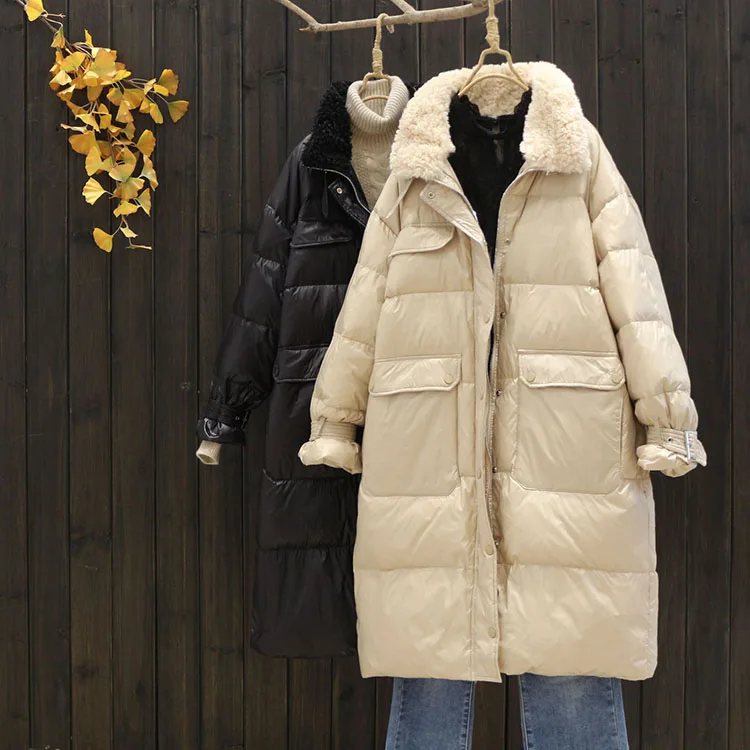 FTLZZ Winter Lamb Fur Stand Collar Long Jacket
