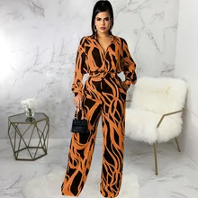 

Office Lady Women Jumpsuits Long Sleeve Turn-down Collar Printing Jumpsuits High Waist Straight Casual Women Outfits Streetwear