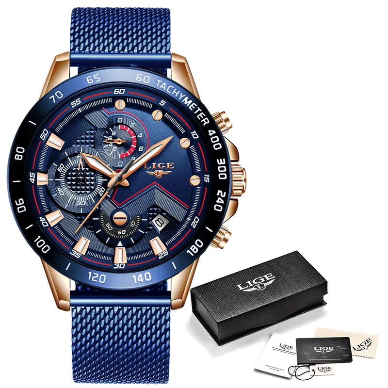 Rose gold blue LIGE, новинка, модные мужские часы с нержавеющей сталью, Топ бренд, роскошные спортивные кварцевые часы с хронографом, мужские часы - Цвет: Rose gold blue