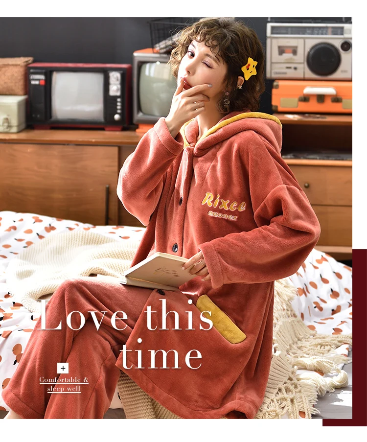 Winter Flannel Women Pajamas Sets Long Sleeve Sleepwear Nightsuits Thick Warm Home wear Female Cartoon Animal Pijama Mujer