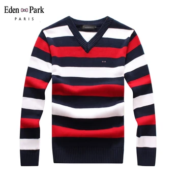 

Autumn Winter Eden Park Brand Men Sweater V-Neck Striped Slim Men Casual Long Sleeve Patchwork Pollover Sweaters Mens Clothes