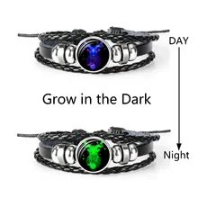  12 Constellation Zodiac Sign Black Braided Leather Bracelet Cancer Leo Virgo Libra Woven Glass Dome Jewelry Punk Men Bracelet 