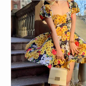 

Sexy Women Summer Dress Flowers Print Young Ladies Bow Sashes Dresses Party Midi Party Dresses Vintage Robe Vestidos NS409