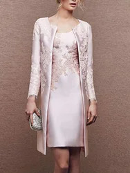 Two Pieces Mother of the Bride Dress Plus Size Elegant Scoop Knee Length Satin Appliques Bridal Party Gown Vestidos