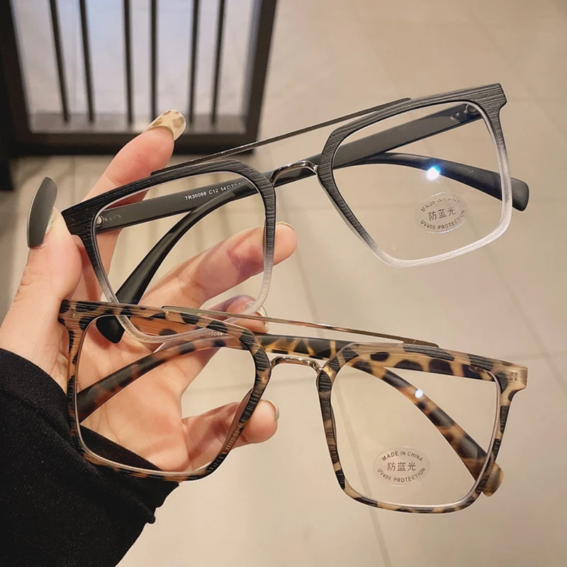 

SO&EI Retro Metal Double Bridges Square Women Glasses Frame Fashion Clear Anti-Blu-Ray Eyewear Men TR90 Optical Stripes Frame
