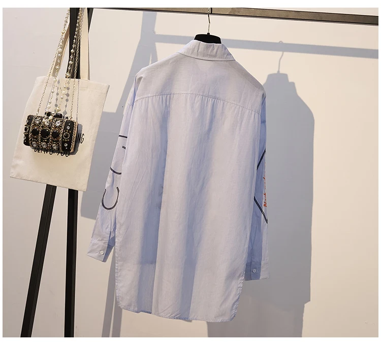 XL-5XL, большие размеры, женские голубые полосатые рубашки, осень, модная вышивка граффити, длинный рукав, свободная повседневная женская хлопковая блузка