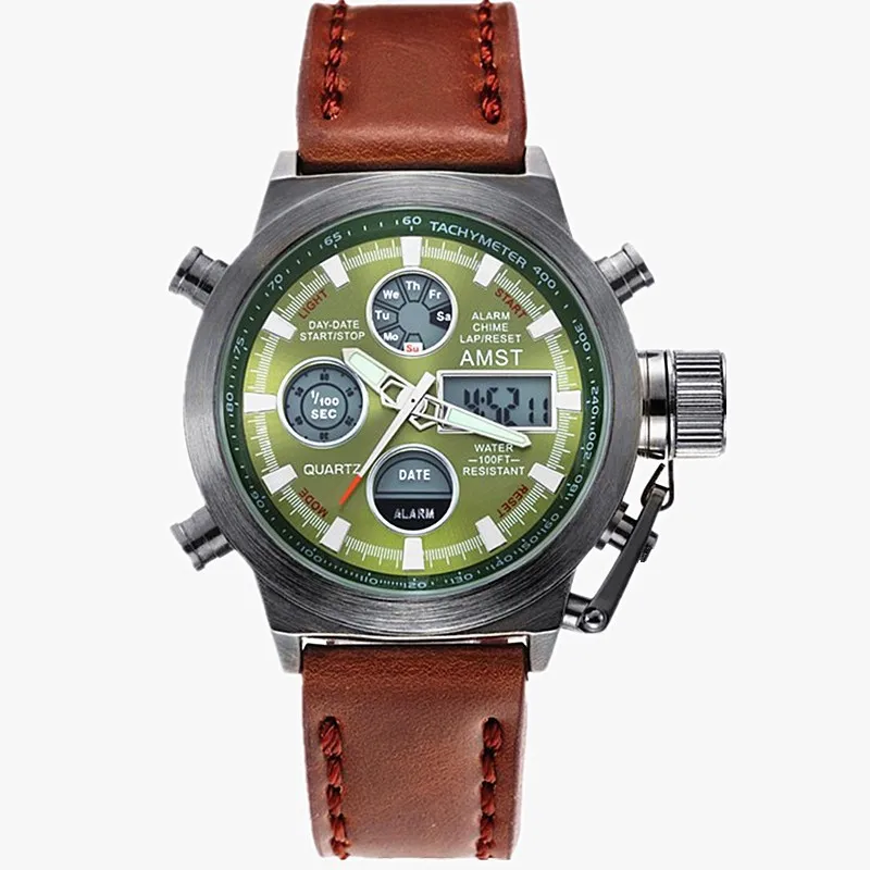 AMST Брендовые мужские спортивные кварцевые часы с кожаным брезентовым ремешком, светодиодные цифровые 50 м водонепроницаемые армейские военные наручные часы с подарочной коробкой - Цвет: Leather Black Green