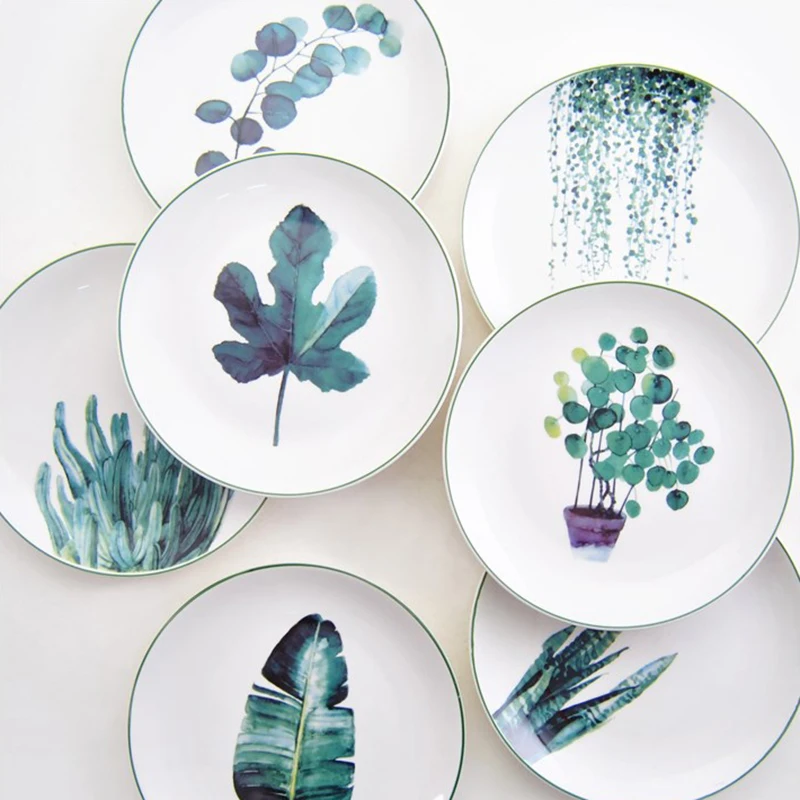 

1pcs Christmas Gift Ceramic Plate Handcraft Green Plants Porcelain serving Platter Steak Plates Dishes Home Kitchen Decoration